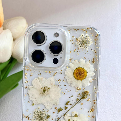 LSEEKA 16 16 for iPhone Pro Max Clear Case with Pressed Real Flowers Design,Glitter Cute White Floral Pattern Slim Soft