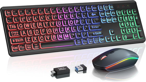 Wireless Keyboard and Mouse Combo, Large Print, RGB Backlit, Oversize Light Up Letters, Rechargeable, Ergonomic Tilt