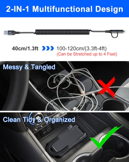USB to USB C and Lightning Cable 2 in 1, 3A Fast Charging & Data Sync for Apple CarPlay & Android Auto