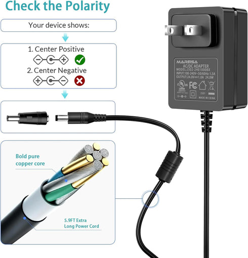 24V 1A Power Supply AC Adapter, DC Power Cord for LED Strip Light, CCTV Camera, Bluetooth Speaker, Nail Lamp