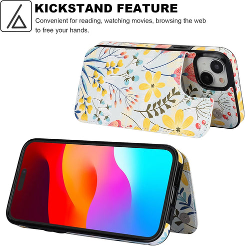 HAOPINSH Wallet Case for iPhone 15 Plus, Floral Flower Pattern, PU Leather Kickstand with Card Slots for Women
