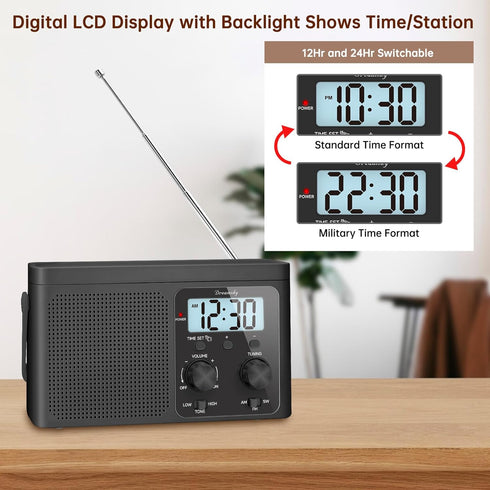 DreamSky AM FM Portable Radio - Battery Powered or Plug in for Home Outdoor, Strong Reception