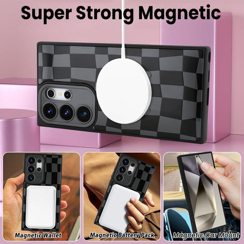 SOKAD S24 Magnetic Checkered Case for Samsung Galaxy Ultra with Finger Strap Kickstand, Compatible with Magsafe, Cute