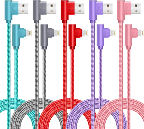 6FT Right Angle Lightning Cable 5 Pack - Fast Charging Nylon Braid for iPhone 12/11/XS/XR/8/7/iPad.