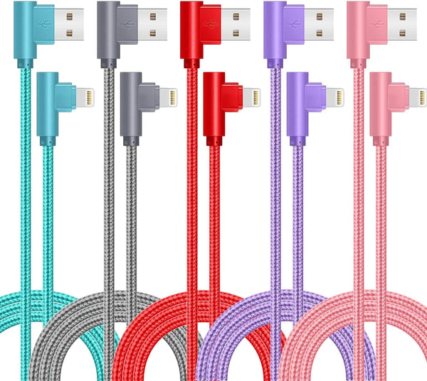 6FT Right Angle Lightning Cable 5 Pack - Fast Charging Nylon Braid for iPhone 12/11/XS/XR/8/7/iPad.