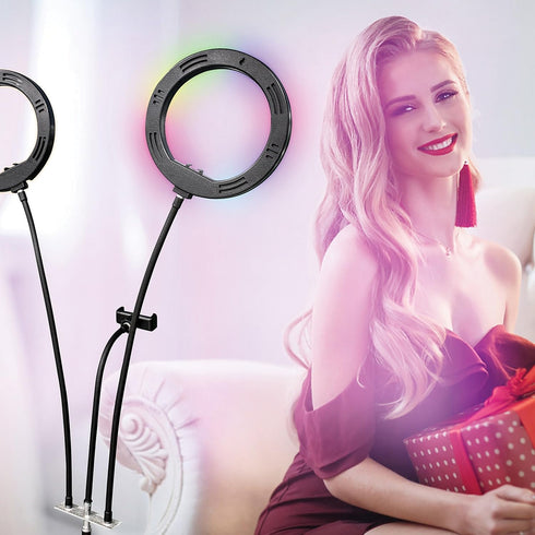 Supersonic SC-2710SR Double 8-inch Selfie Ring Light with 3 Color Modes, 32 RGB Modes, and 360° Rotatable Phone Holder