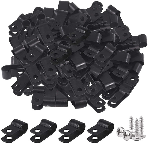 Glarks 60Pcs 1/4 Inch Black Nylon Screw Mounting R-Type Cable Clip Kit with Screws for Wire and Cable