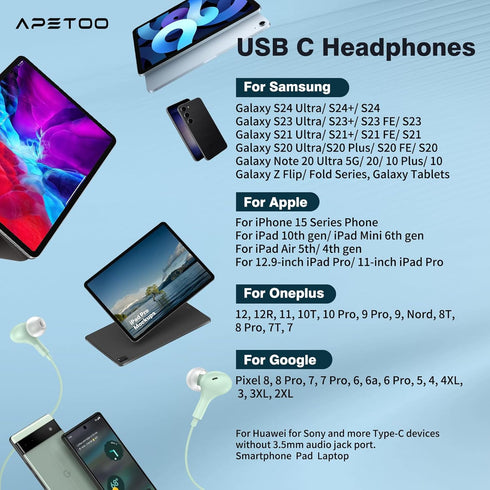USB C Headphones Magnetic Wired Earbuds Noise Canceling in-Ear USB Type C Earphones with Microphone Volume Control