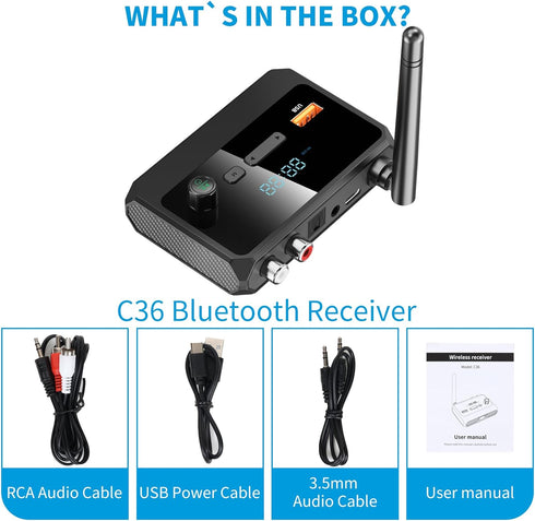 Bluetooth 5.3 Receiver, RCA Adapter, Low Latency & HD Music Audio, Supports Optical AUX 3.5mm for Home Stereo Speakers