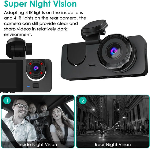 iMounTEK Dash Cam for Cars, 3 Channels Car Dash Camera 1296x1080P, Front Inside and Rear Camera, Night Vision,