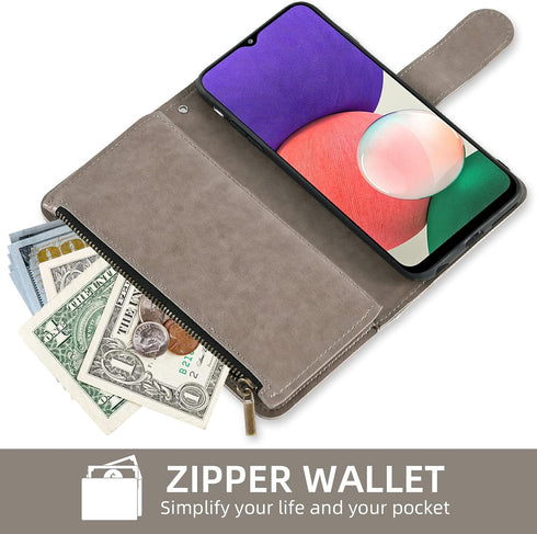 Asuwish Wallet Phone Case for Samsung Galaxy A22 5G/Boost Mobile Celero 5G with Tempered Glass Protector, Grey