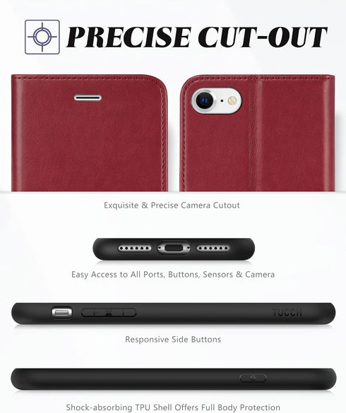TUCCH Wallet Case for iPhone SE 2022/SE 2020/8/7, Dark Red PU Leather Folio Stand with Card Slot, Magnetic Closure [TPU