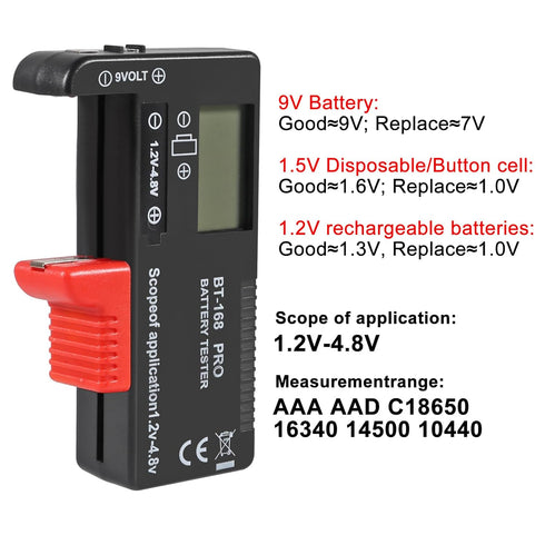 2 Pack Battery Tester, Digital LCD Universal Battery Tester for AA AAA C D 9V 3.7V Button Cell