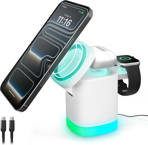 iHome 3-in-1 Wireless Charging Stand, 15W Fast Charge, LED Light, MagSafe Compatible,