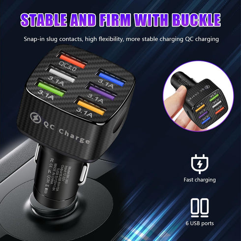 Car Charger Adapter, 6 USB Multi Port Fast Charger with QC 3.0, Quick Charging for Most Cell Phones, Black
