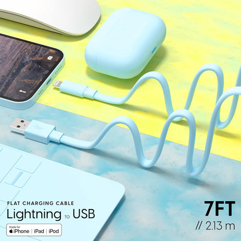 TALK WORKS Flat Lightning Charging Cable Compatible w/iPhone 14/Plus/Pro/Pro Max, 13/Mini/Pro/Pro Max, 12/Pro/Pro Max/Mini, 11/Pro/Pro Max, XR, XS, XS Max, X, 8, 7, 6, 5-7' Charger Cord (Aqua Blue)