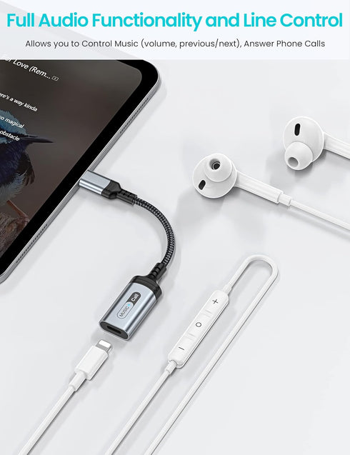 USB C to Lightning Audio Adapter for Apple iPad Pro 10, iPhone 16 15 Pro Max, MFi Certified Converter Grey