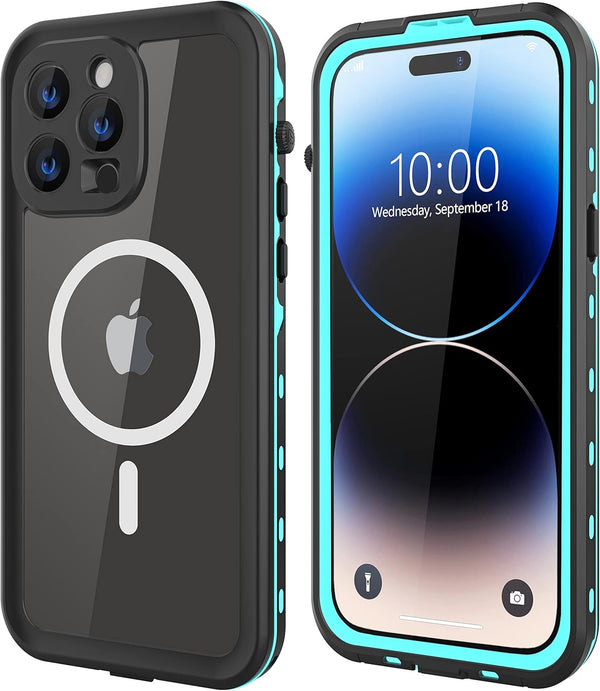 Design Waterproof Case for iPhone 14 Pro, Phone Case with Screen Protector, 6.1'', Turquoise