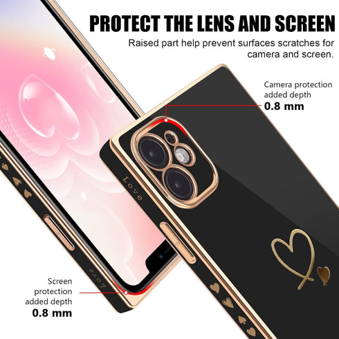 Luxury Square Case for iPhone 11, Cute Gold Love Heart Pattern Cover for Women & Girls - Black