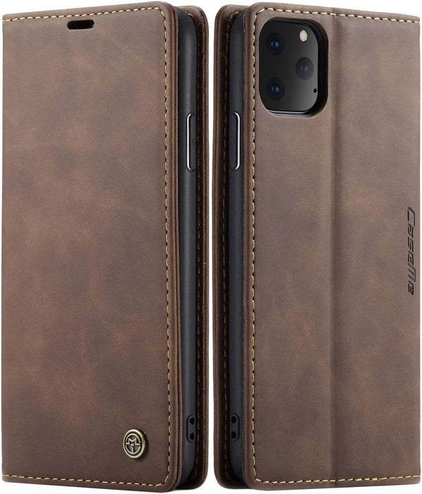 SINIANL iPhone 11 Pro Max Leather Case - Folding Flip Case with Kickstand, Credit Card Slot, Magnetic Closure - Coffee