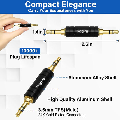 3.5mm Stereo AUX Male to Male Gold-Plated Adapter 2 Pack,3-Pole 3.5mm 1/8 inch TRS Stereo Jack to 3.5mm Stereo Jack Audio Metal Coupler Connector for BT Receiver, MP3 Player Car Transmitter, Speakers