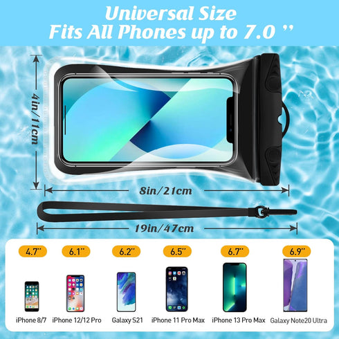 Universal Waterproof Phone Pouch Floating, Large Fully Protection Cellphone Dry Bag IPX8 Waterproof Case Compatible with iPhone 13 12 11 Pro Max XS XR X SE Samsung Galaxy S21 S20 S10 up to 7.0"-2 Pack