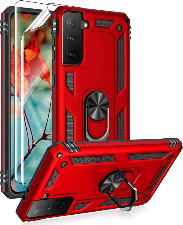 Samsung Galaxy S21 Plus 5G Case with HD Screen Protectors, Androgate Military-Grade Metal Ring Holder Kickstand
