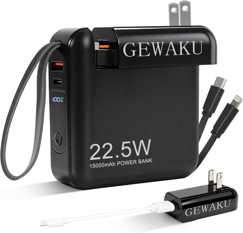 GEWAKU Portable Charger with Wall Plug 15000mAh Power Bank 22.5W Fast Charging Built-in
