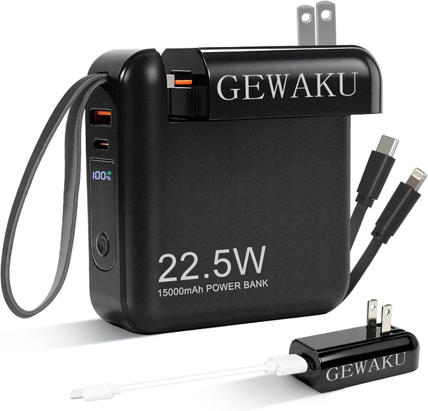 GEWAKU Portable Charger with Wall Plug 15000mAh Power Bank 22.5W Fast Charging Built-in