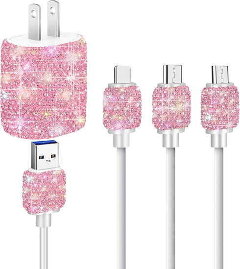 Bling USB Wall Charger with Charging Cable,Fast Block for iPhone Android,3-in-1 Multi Charger Cable Micro USB Type C Multiple USB Cord with Crystal Decor,Cell Phone Accessories for Women,Girls (Pink)