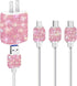 Bling USB Wall Charger with Charging Cable,Fast Block for iPhone Android,3-in-1 Multi Charger Cable Micro USB Type C Multiple USB Cord with Crystal Decor,Cell Phone Accessories for Women,Girls (Pink)