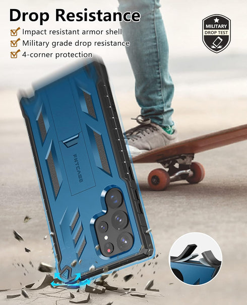 FNTCASE Samsung Galaxy S23 Ultra Case: Rugged Shockproof TPU, Military Grade Drop Protection, Kickstand, Blue.