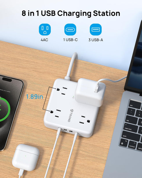 TROND 2 Prong Power Strip - 5ft Extension Cord with Multiple AC Outlets & USB Ports, 1440J Surge Protector