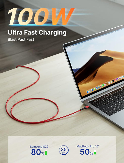 JSAUX 100W USB C to USB C Cable (2-Pack 6.6FT+6.6FT), 5A PD USBC Type-C Carplay Cable Fast Charging Cord Compatible with iPhone 15 Pro Max Samsung S24 S23 S22 Z-flip MacBook Pro/Air M3 iPad Pro Red by JSAUX