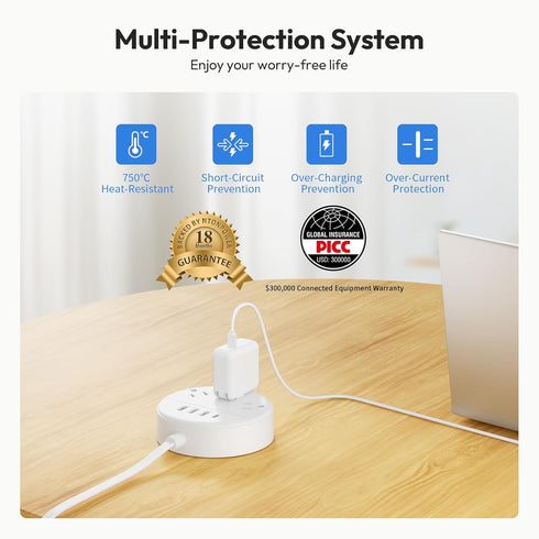Flat Plug Power Strip with USB Ports, NTONPOWER Nightstand Charging Station, 5ft Short Extension Cord, White