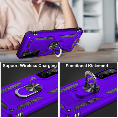 IKAZZ Military Grade Shockproof Case for Galaxy S21, Heavy Duty with Magnetic Kickstand, Purple