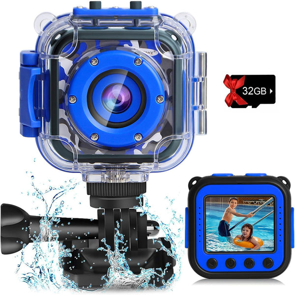 PROGRACE Kids Waterproof Camera for Boys, Gifts for Age 3-14, Underwater Video Camera with Card