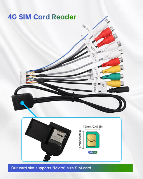 20Pin 4G Android Car Stereo RCA Wiring Harness Adapter with SIM Card Slot, Mic Jack, Audio Input/Output Cable