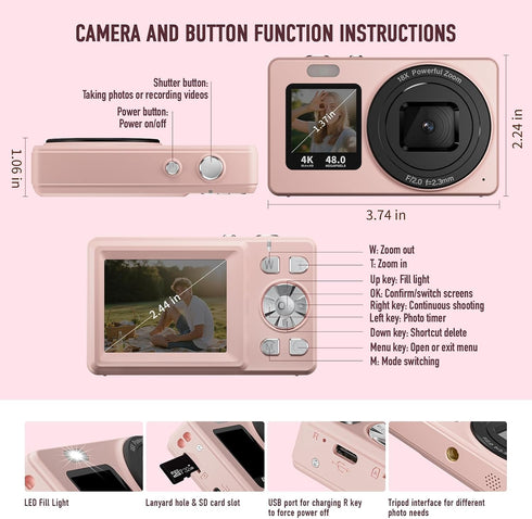 BILEBAK 4K 48MP 18X 32GB Digital Camera, Autofocus Dual Screen for Selfies, Zoom Fill Light, Portable Point and Shoot