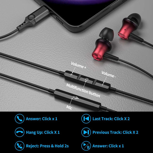 USB C Headphone for iPhone 15 Pro Max, Samsung S24 Plus, Galaxy Z Flip, Type C Earphone, Noise Canceling Bass Wired