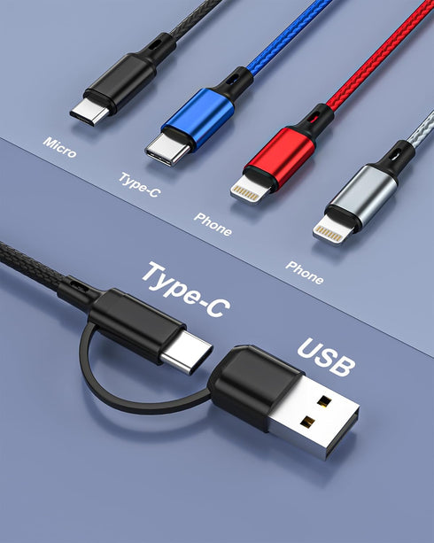 seynli (3-Pack) 6-in-1 Multi Charging Cable 6ft, Charging Cables for Multiple Devices, Compatible with iPhone, USB-C, Micro USB - Multi End Charging Cable Supports 2.4A Fast Charging