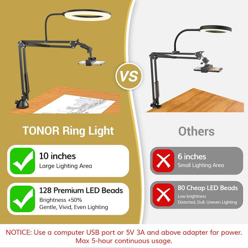 TONOR Overhead Ring Light Kit, 10" Ringlight with Heavy Duty Boom Arm and Phone Holder