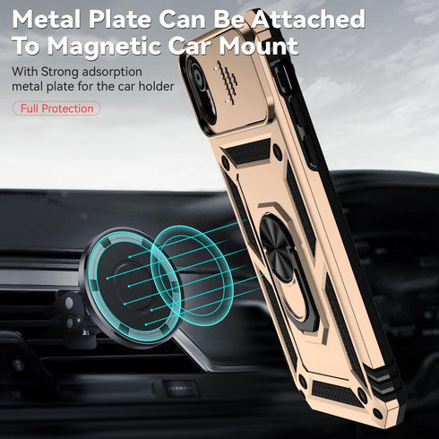 Hitaoyou iPhone XR Case with Camera Cover, Military Grade Shockproof Heavy Duty Protective Case with Stand, Gold