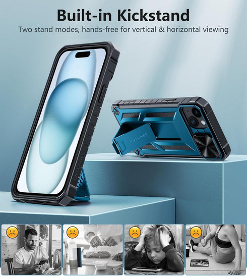 FNTCASE iPhone 15 Plus Case: Rugged Heavy Duty Shockproof Cover with Kickstand | Military Grade Drop Proof Blue TPU