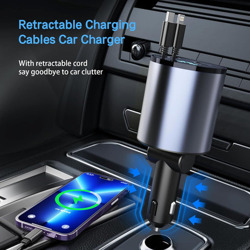 Retractable Car Charger, 66W 4 in 1 Super Fast Charging with 2 Retractable Cables and 2 USB Ports for iPhone