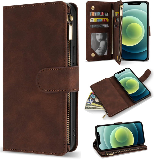 ZZXX for iPhone 12 Mini Wallet Case - Premium Soft PU Leather Zipper Flip Folio with Wrist Strap