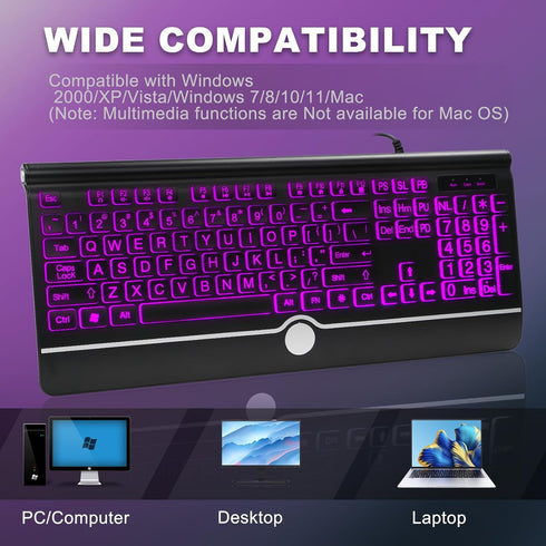 Wired Gaming Keyboard, Full-Size 7-Color Backlit with Wrist Rest, USB Plug-and-Play for PC, Laptop