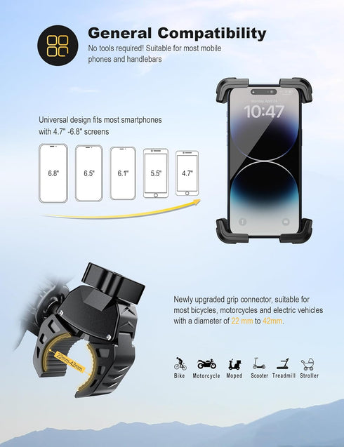 Bike Phone Holder, Universal Motorcycle Phone Holder for Road Bike MTB Scooter, 360 Rotate for 4.7-7.2 Inch