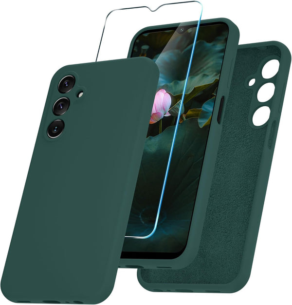 Samsung Galaxy A15 5G Case, Deep Green Soft Anti-Scratch Silicone Phone Cover with 1 Screen Protector, Full Body