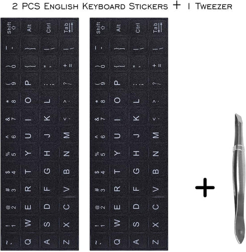 2PCS Universal English Keyboard Stickers Letters with Tweezer, Keyboard Stickers Black Background with White Lettering